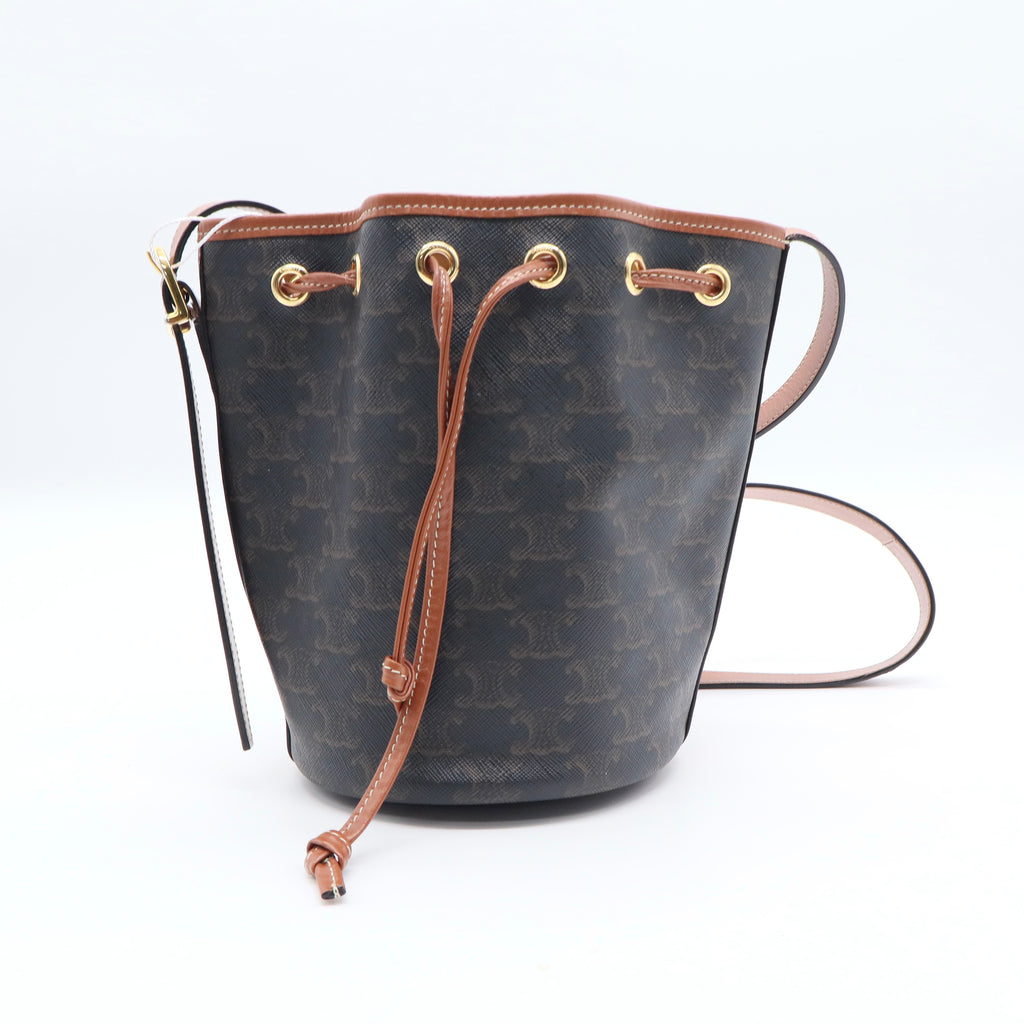 Triomphe Canvas Calfskin Small Drawstring Bucket Bag Tan Twins