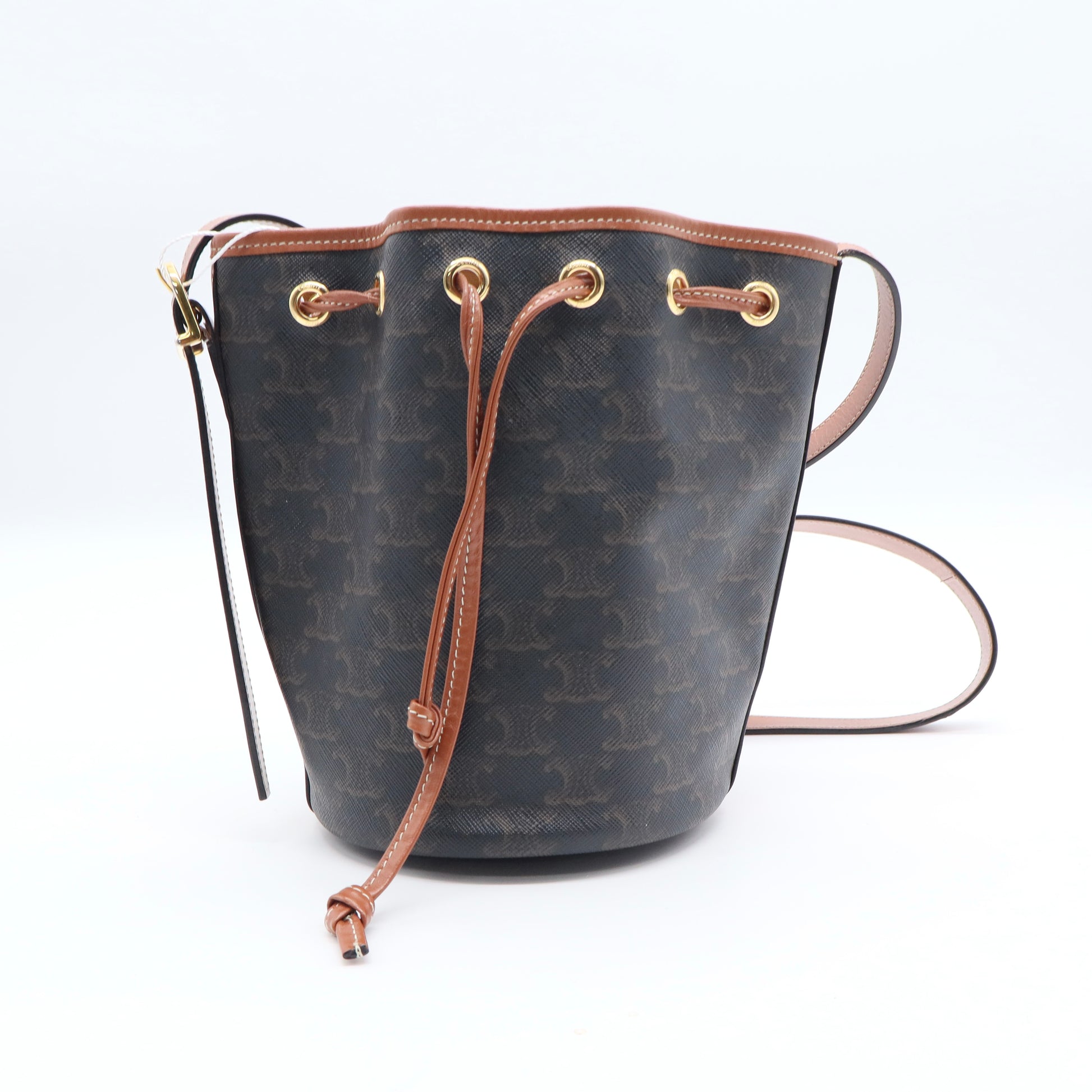 Triomphe Canvas Calfskin Small Drawstring Bucket Bag Tan Twins