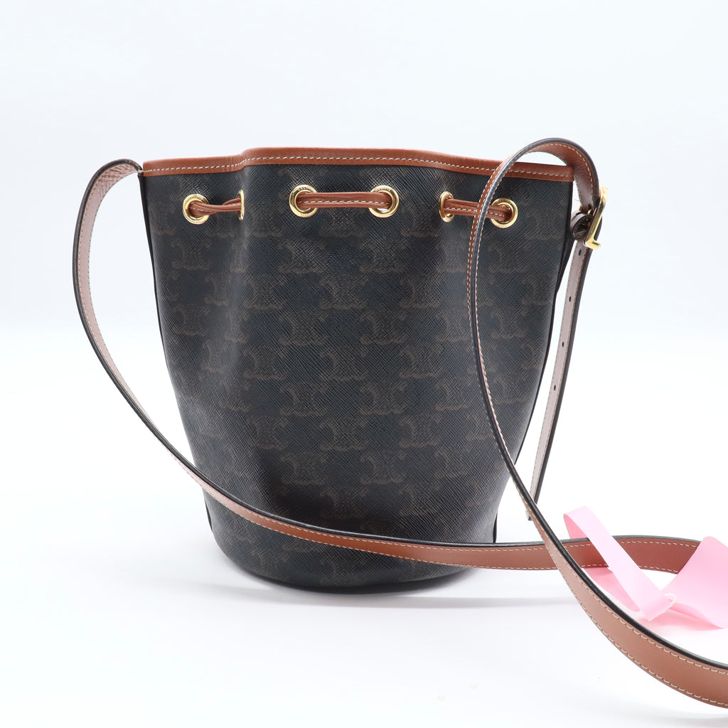Triomphe Canvas Calfskin Small Drawstring Bucket Bag Tan Twins