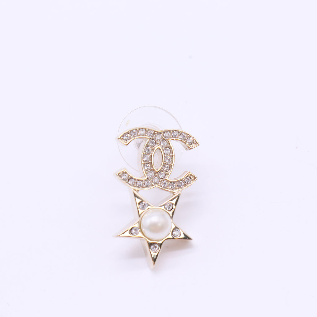 Chanel Crystal Pearl CC Star Heart Asymmetric Earrings W22136