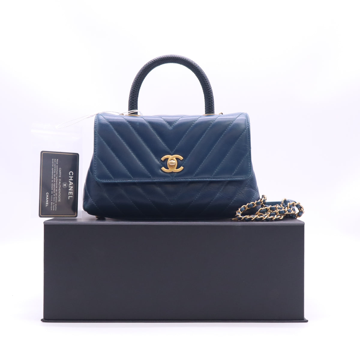 Chanel small Coco Handle Flap Bag Blue Chevron Twins LDZ1247