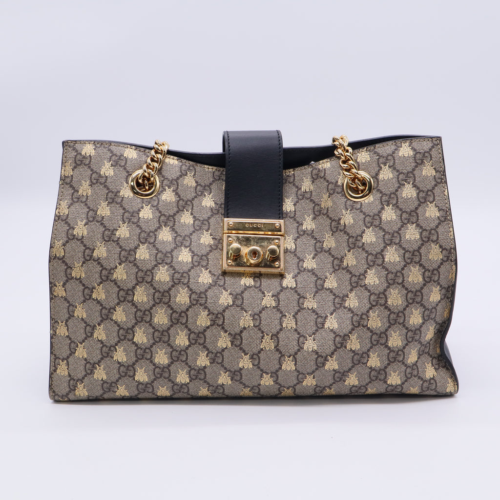 Beige/Black GG Coated Canvas Supreme Gold Bee Print Large Padlock Shoulder Bag twins LDJ3224