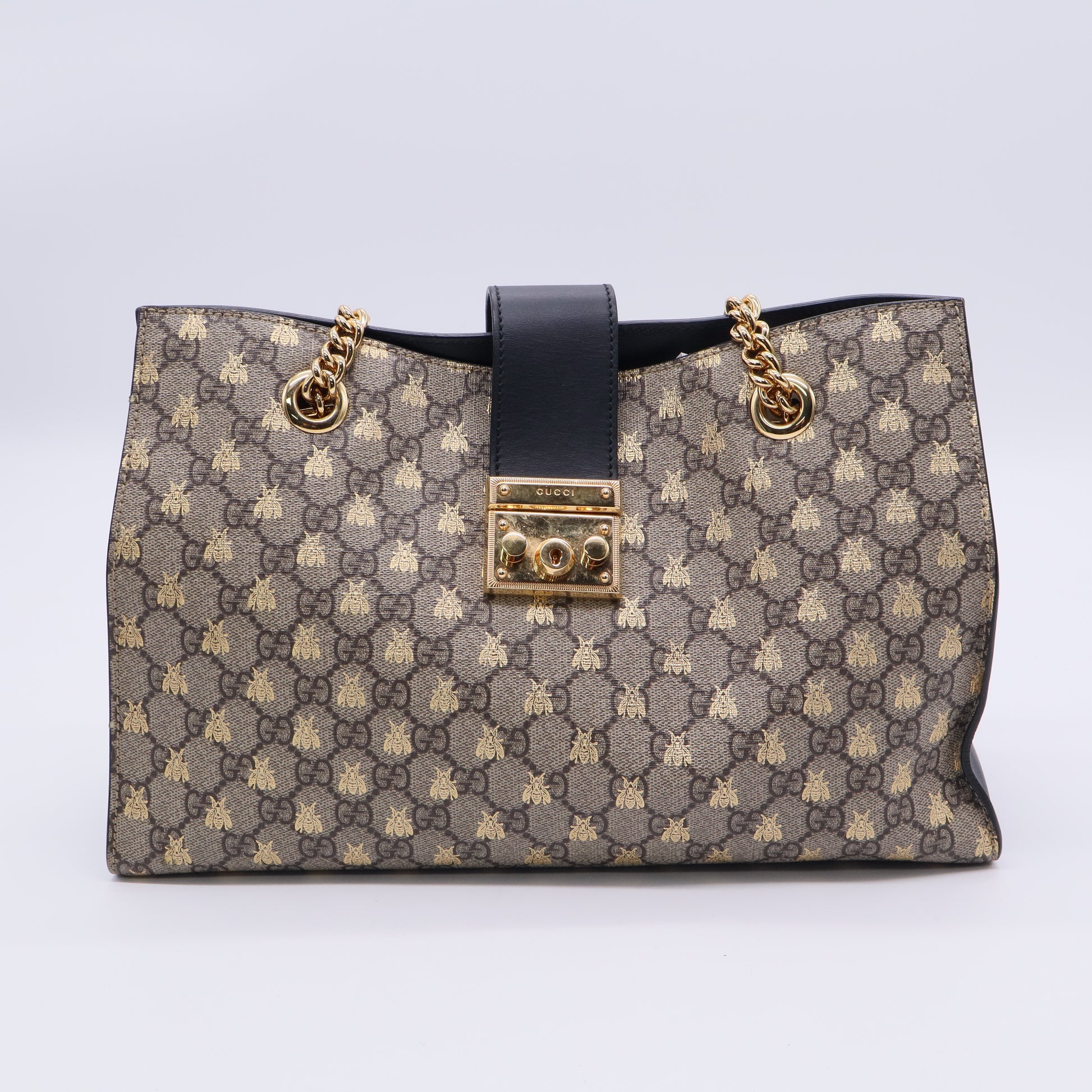 Beige/Black GG Coated Canvas Supreme Gold Bee Print Large Padlock Shoulder Bag twins LDJ3224