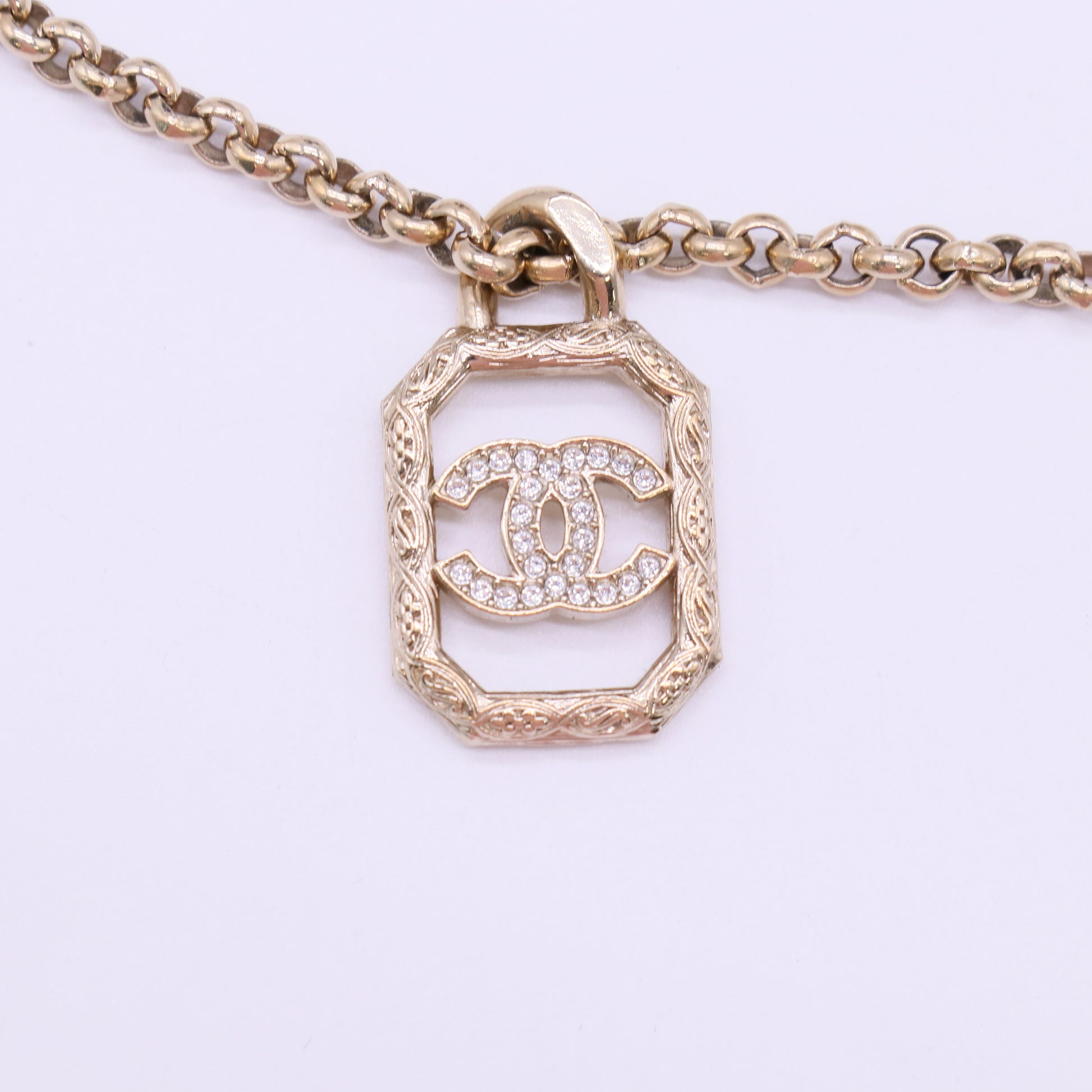 Chanel Crystal CC Octagonal Scroll Pendant Necklace W22139