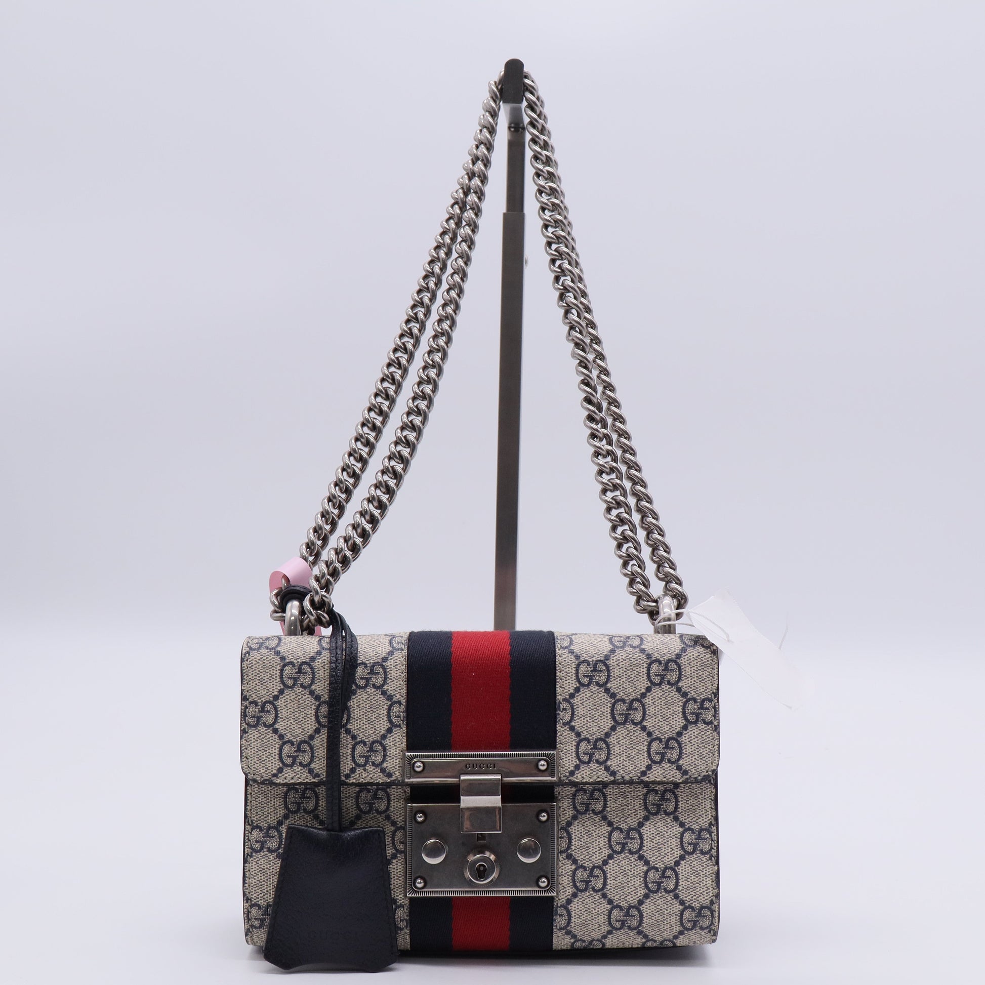 GG Supreme Monogram Textured Dollar Calfskin Web Small Padlock Shoulder Bag Beige Blue TWINS LDJ3228