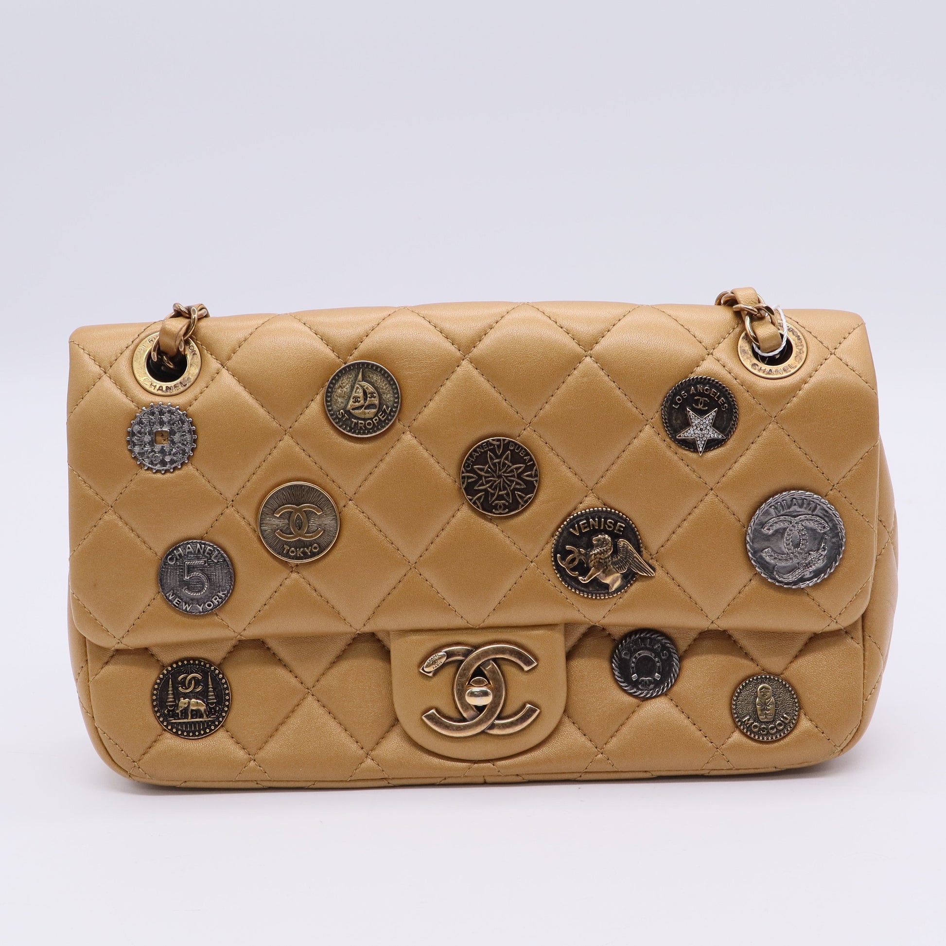 Chanel Rare Coin Medallion Gold Aged Calfskin Mini Classic Flap Bag Twins LDJ3225