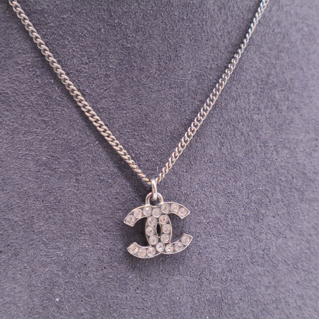 Chanel CC Crystals Silver Tone Metal Necklace W11319