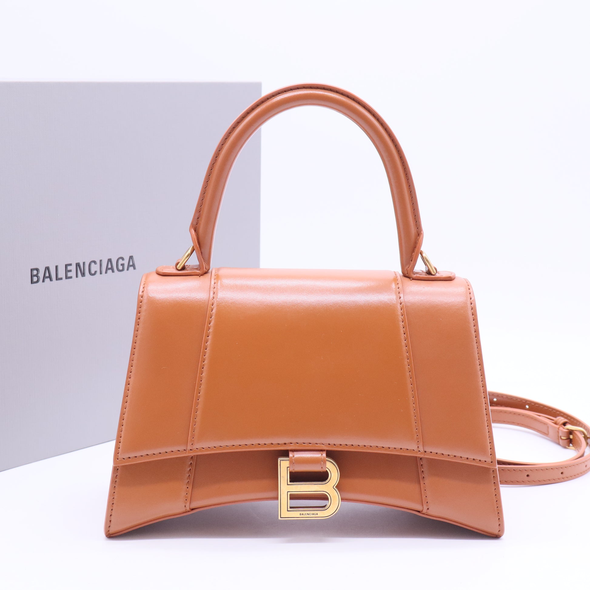 Shiny Box Calfskin Small Hourglass Top Handle Bag Camel B12105