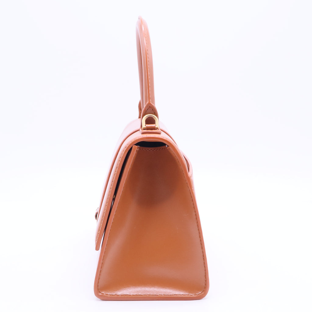 Shiny Box Calfskin Small Hourglass Top Handle Bag Camel B12105