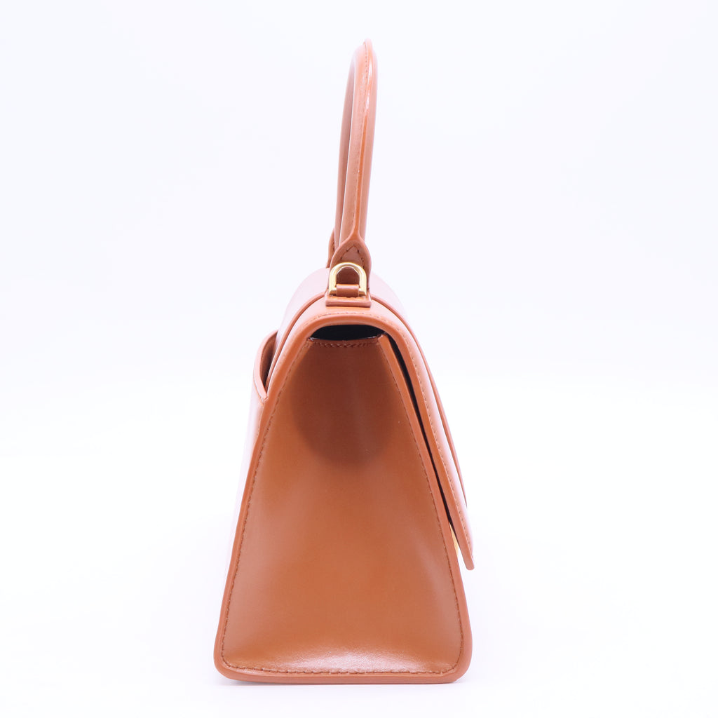 Shiny Box Calfskin Small Hourglass Top Handle Bag Camel B12105