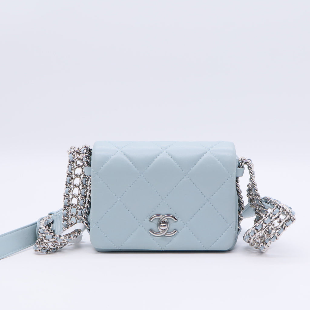 Chanel Blue Mini Chain Rows Flap Shoulder Handbag Quilted Lambskin Leather  B20642