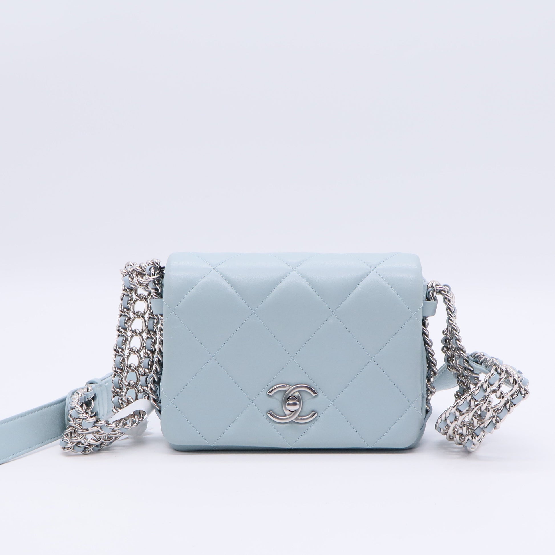 Chanel Blue Mini Chain Rows Flap Shoulder Handbag Quilted Lambskin Leather twins B20642