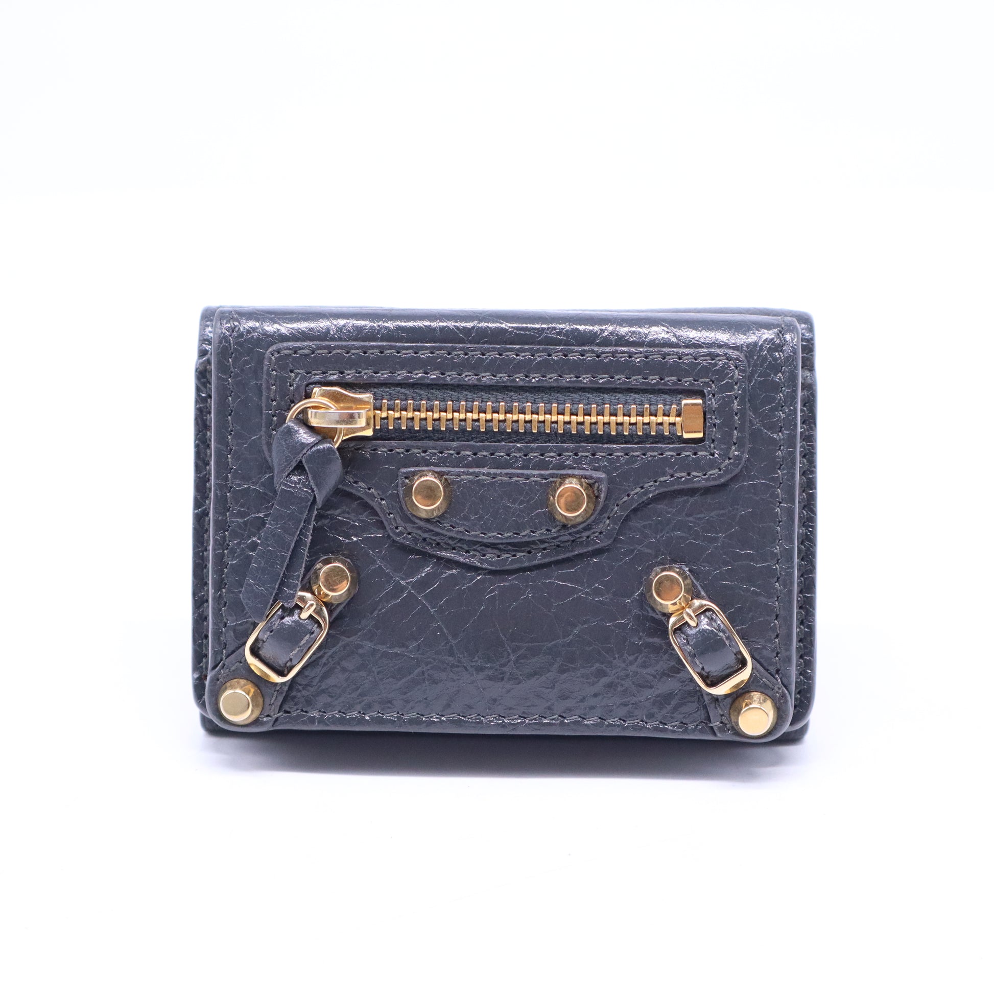 Agneau Arena Classic Gold Hardware Mini Wallet Gris Fossile W21004