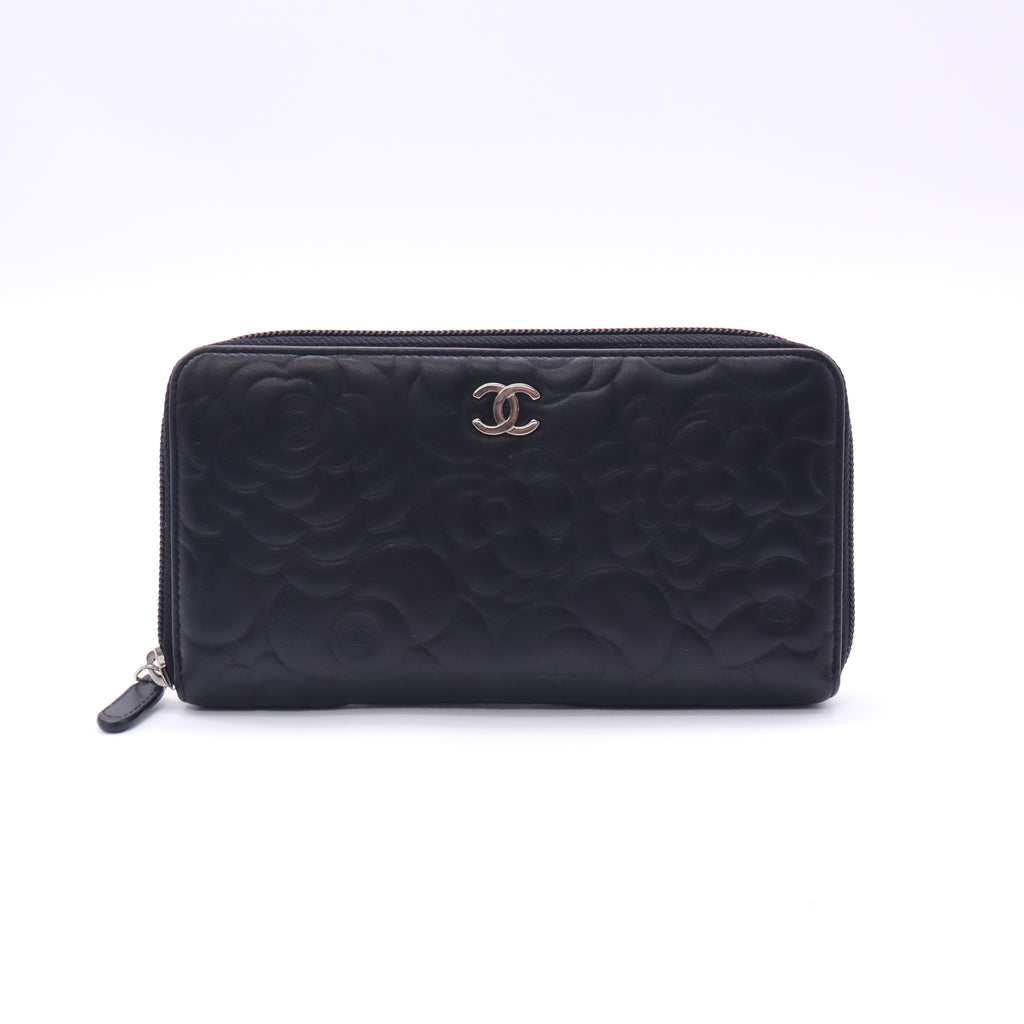 Chanel Camellia Embossed Lambskin Long Zip Around Wallet W22741