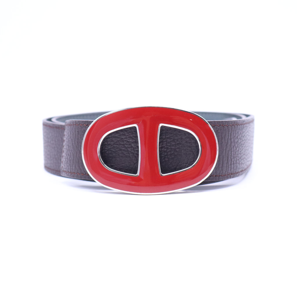 HERMES Belt Chaine d'Ancre Leather Dark Brown Orange Pink Silver W21007