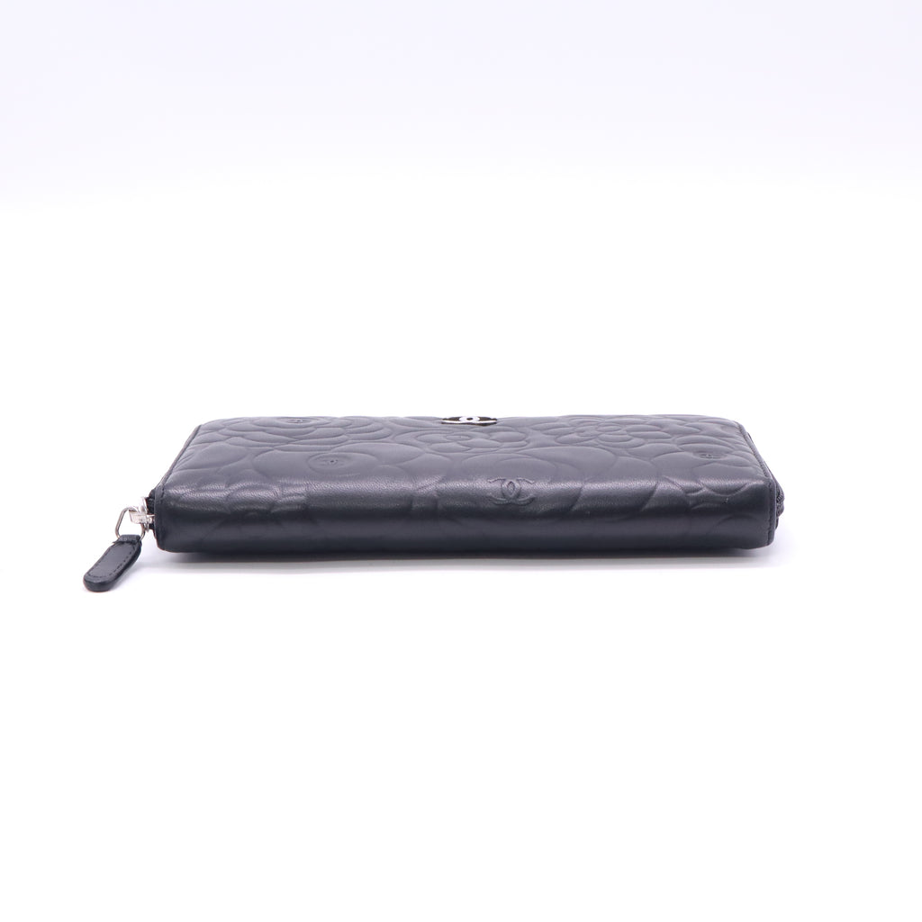 Chanel Camellia Embossed Lambskin Long Zip Around Wallet W22741