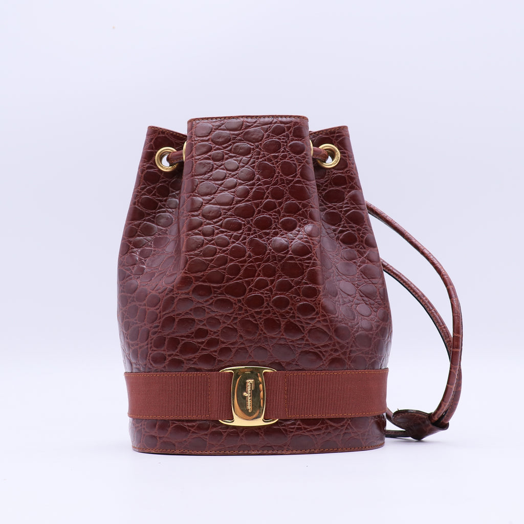 Salvatore Ferragamo Calfskin Crocodile Embossed Vara Bow Bucket Bag Red Twins B21188