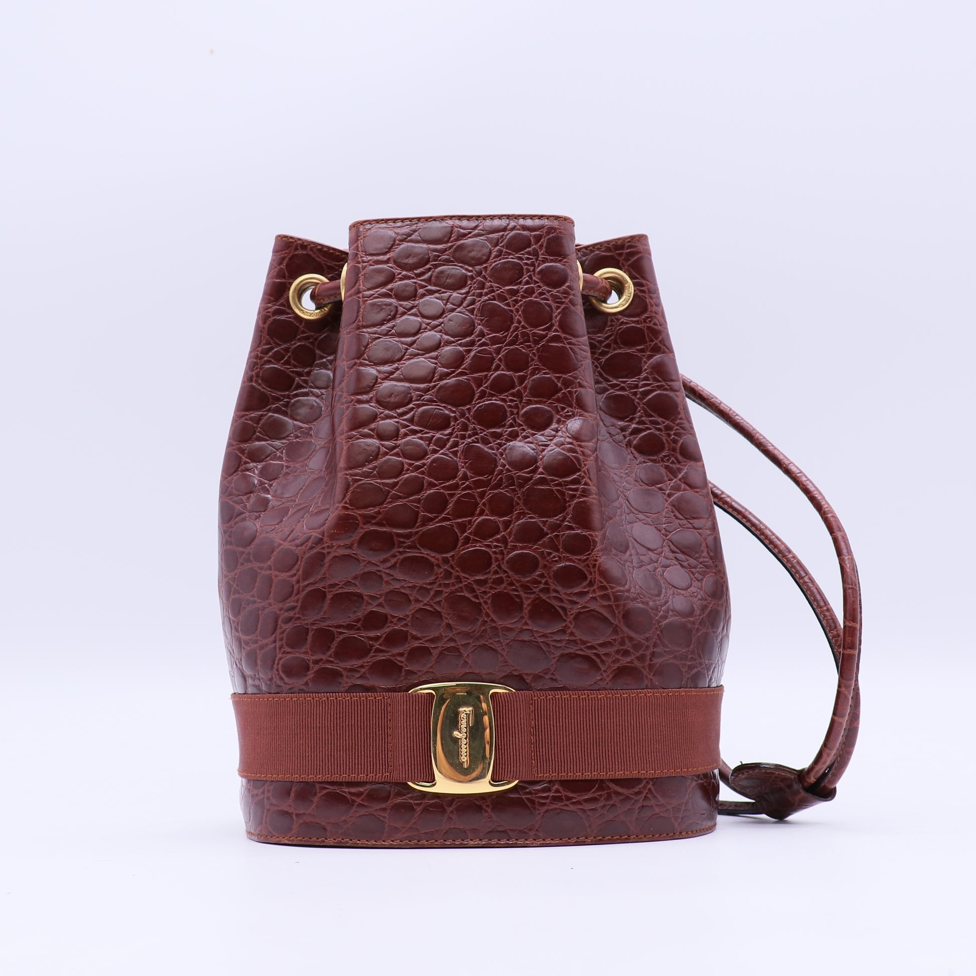 Salvatore Ferragamo Calfskin Crocodile Embossed Vara Bow Bucket Bag Red Twins B21188