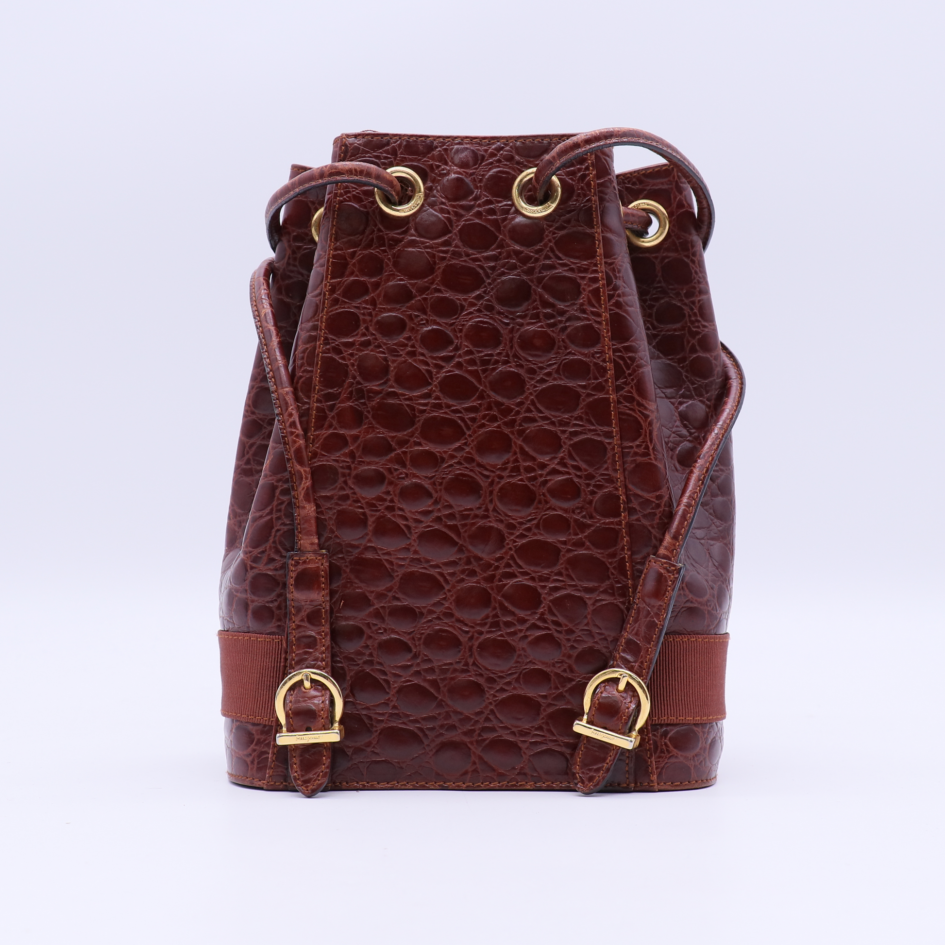 Salvatore Ferragamo Calfskin Crocodile Embossed Vara Bow Bucket Bag Red Twins B21188