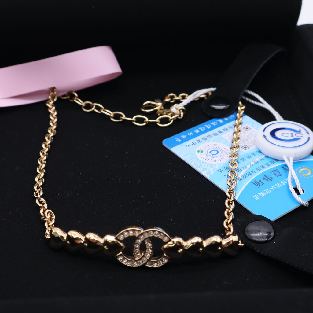 Chanel Strass CC Choker Necklace Gold Pearly White Twins LDJ3254