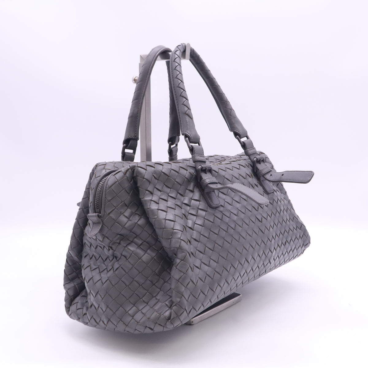 Bottega Veneta Grey Intrecciato Leather Boston Zip Bag B24208
