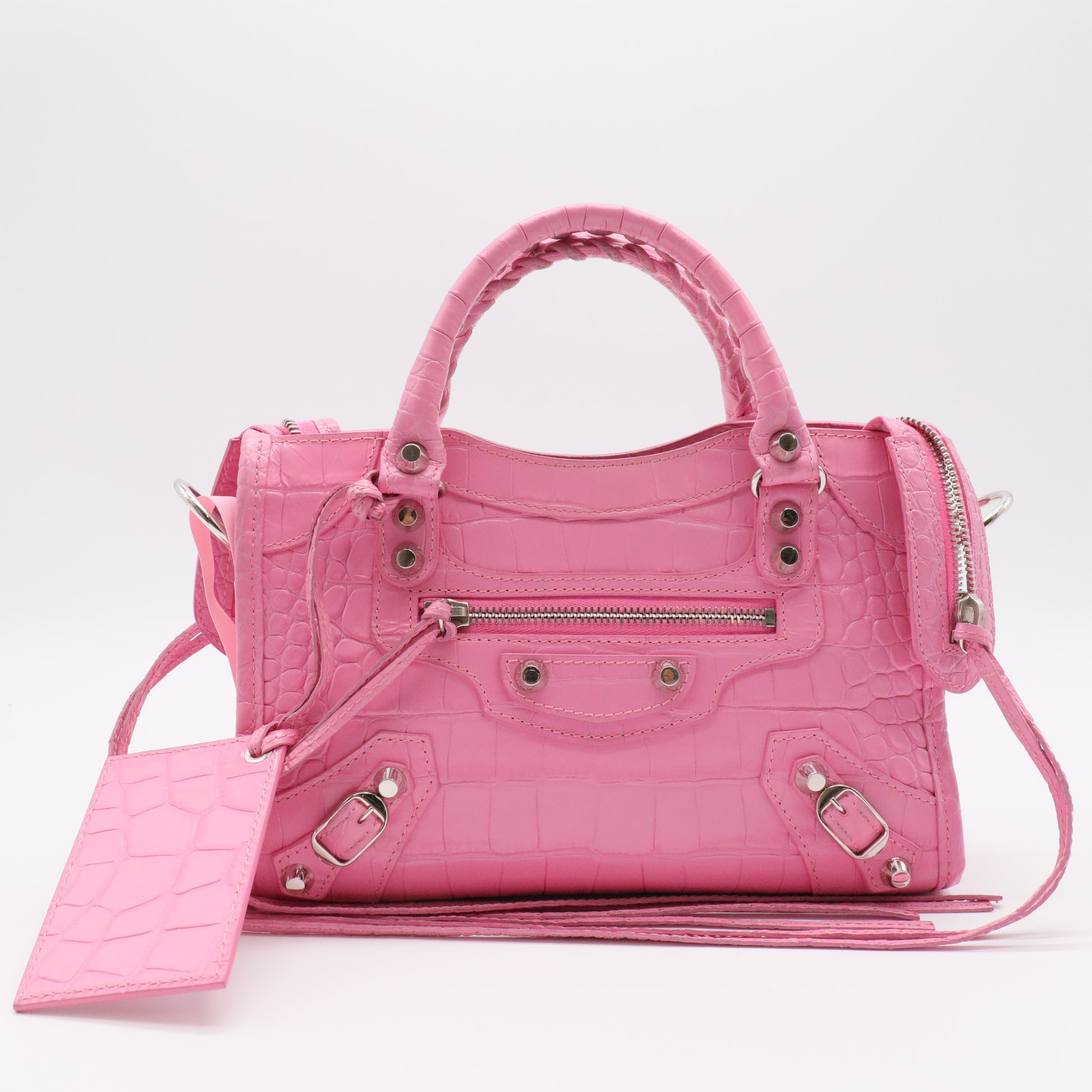 Calfskin Crocodile Embossed Classic Silver Hardware Mini City Baby Pink twins