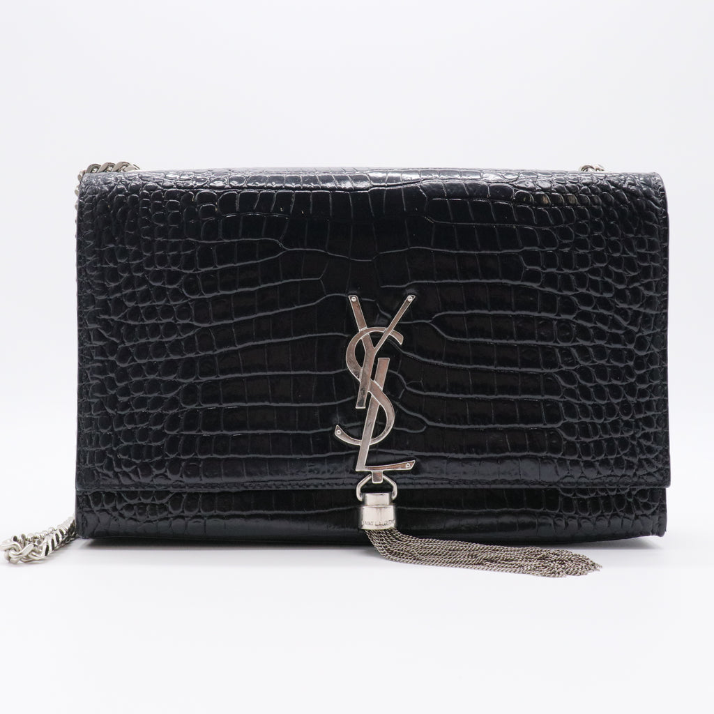 Calfskin Crocodile Embossed Medium Classic Monogram Kate Tassel Satchel Black twins