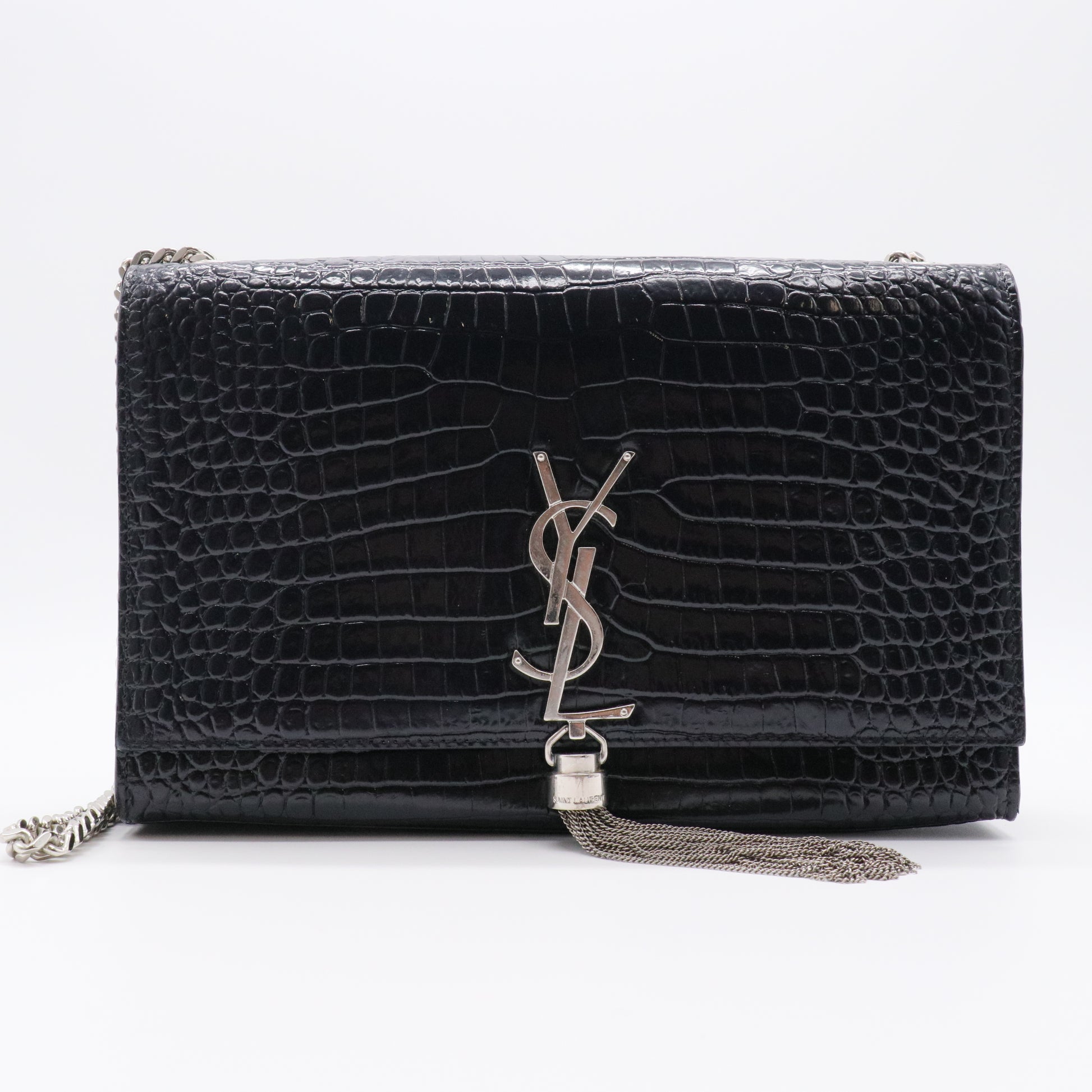 Calfskin Crocodile Embossed Medium Classic Monogram Kate Tassel Satchel Black twins