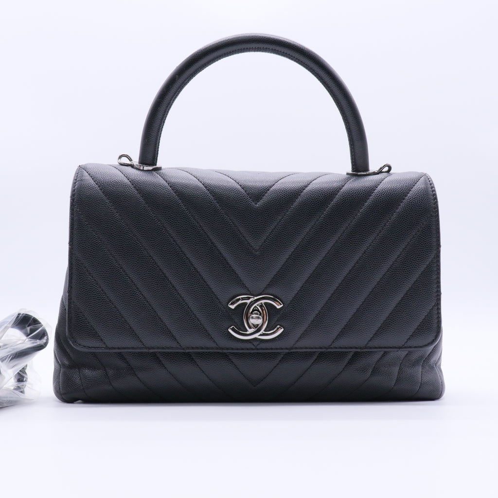Black Chevron Quilted Caviar Leather Small Coco Handle Bag twins