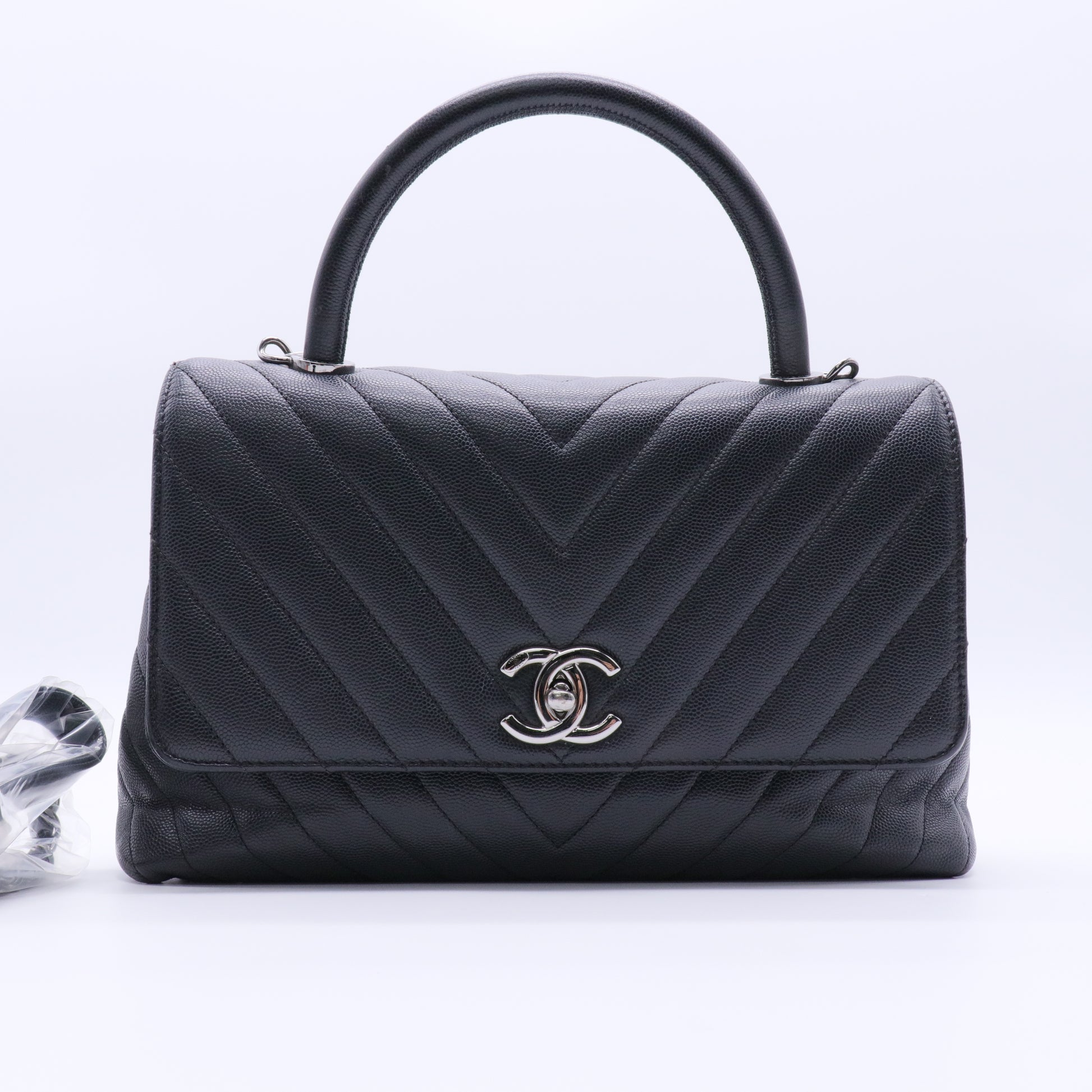 Black Chevron Quilted Caviar Leather Small Coco Handle Bag twins