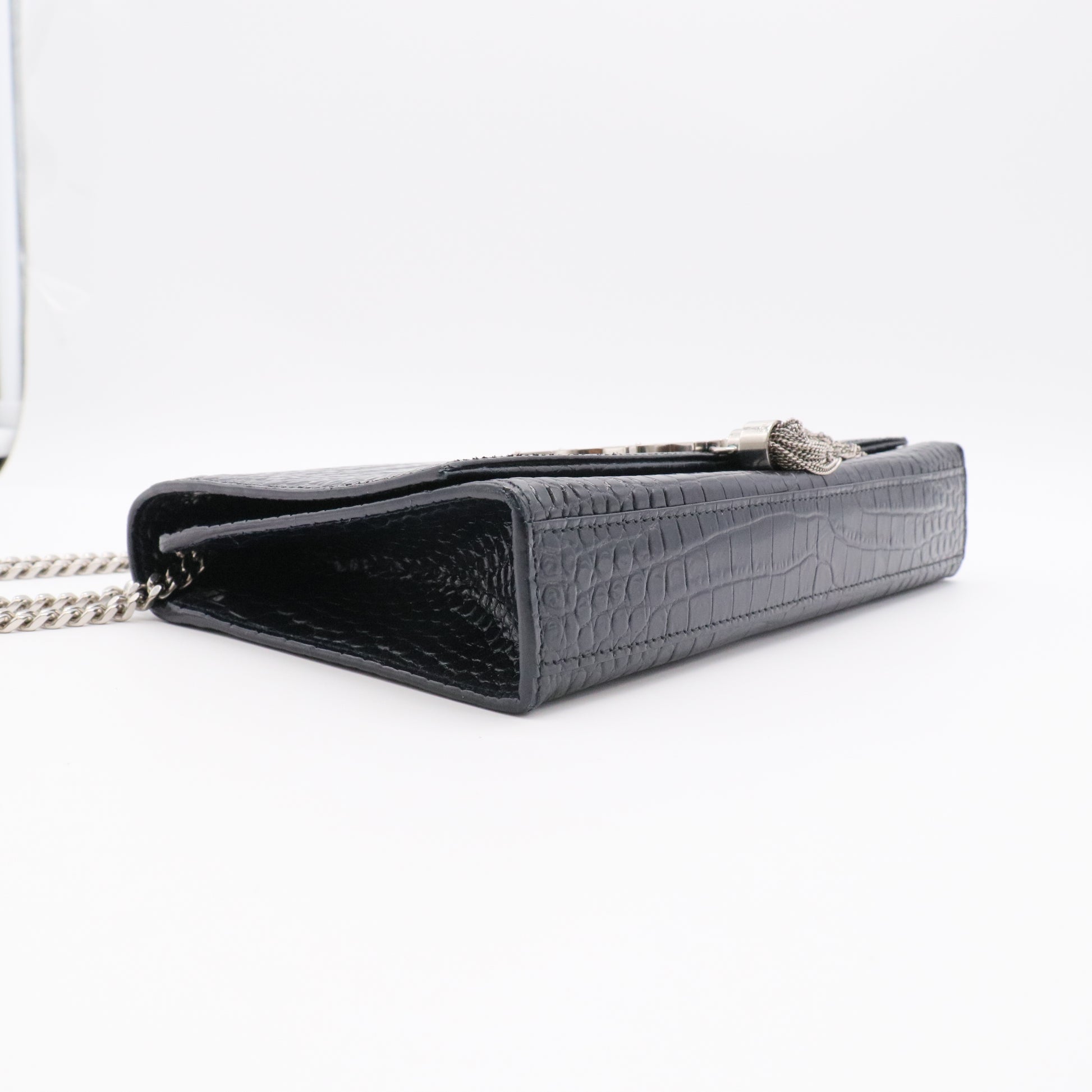 Calfskin Crocodile Embossed Medium Classic Monogram Kate Tassel Satchel Black twins