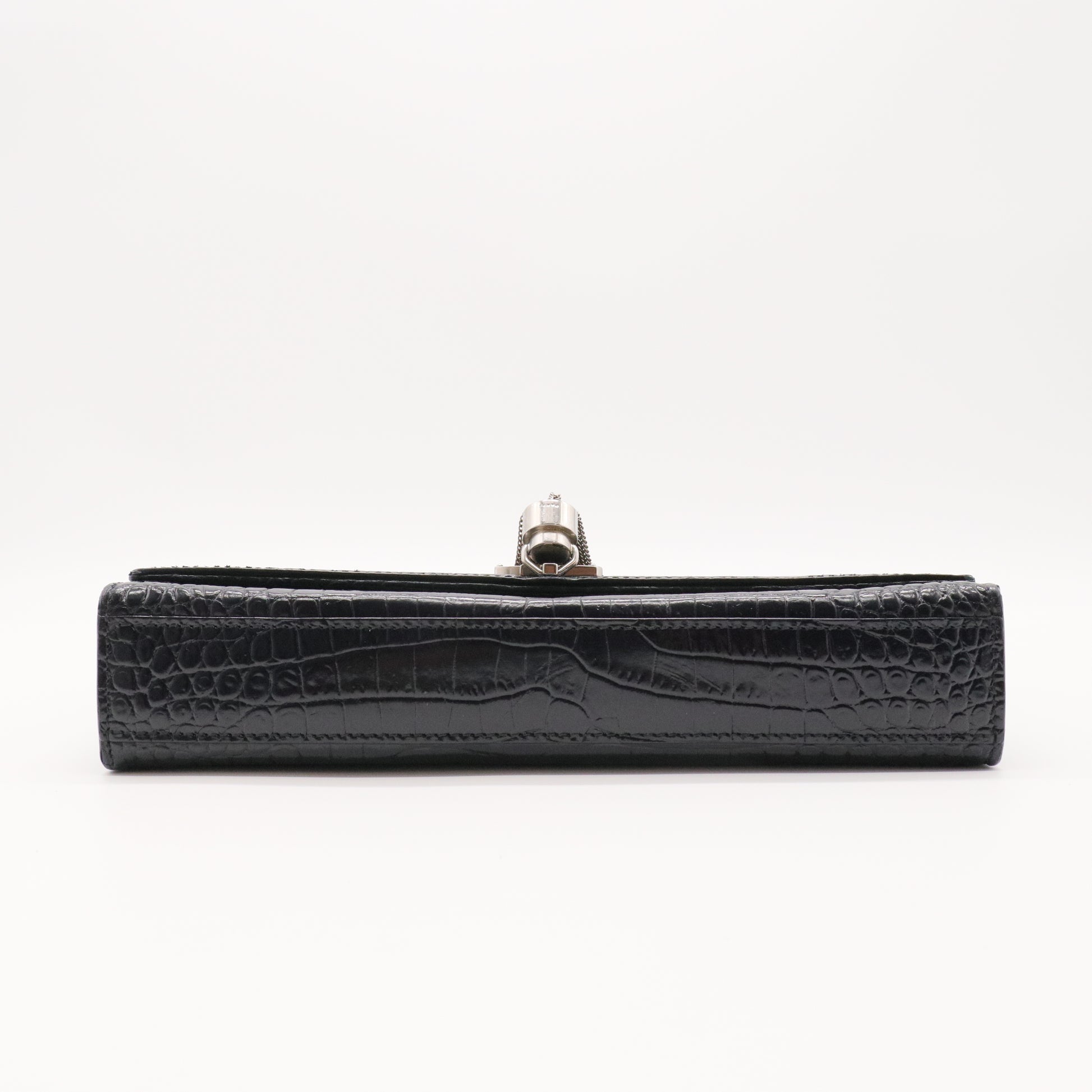 Calfskin Crocodile Embossed Medium Classic Monogram Kate Tassel Satchel Black twins