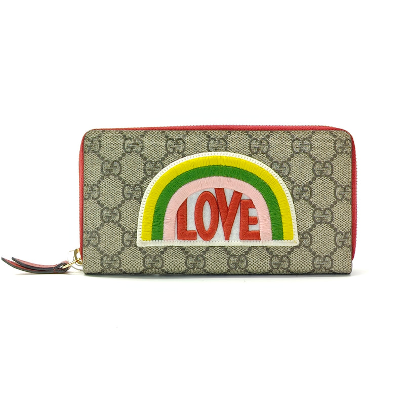 GG Supreme Monogram Embroidered Rainbow Zip Around Wallet Red