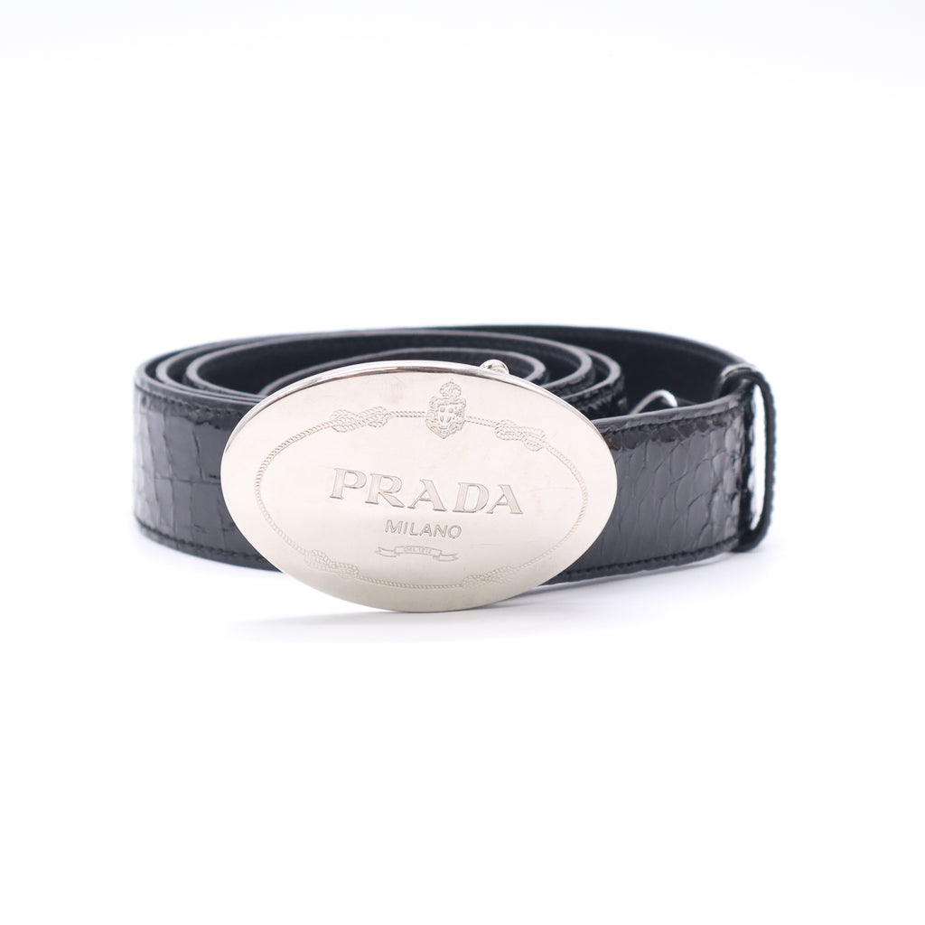 Prada Oval Logo Plaque Croc-Embossed Leather 100 Belt twins LDJ5176