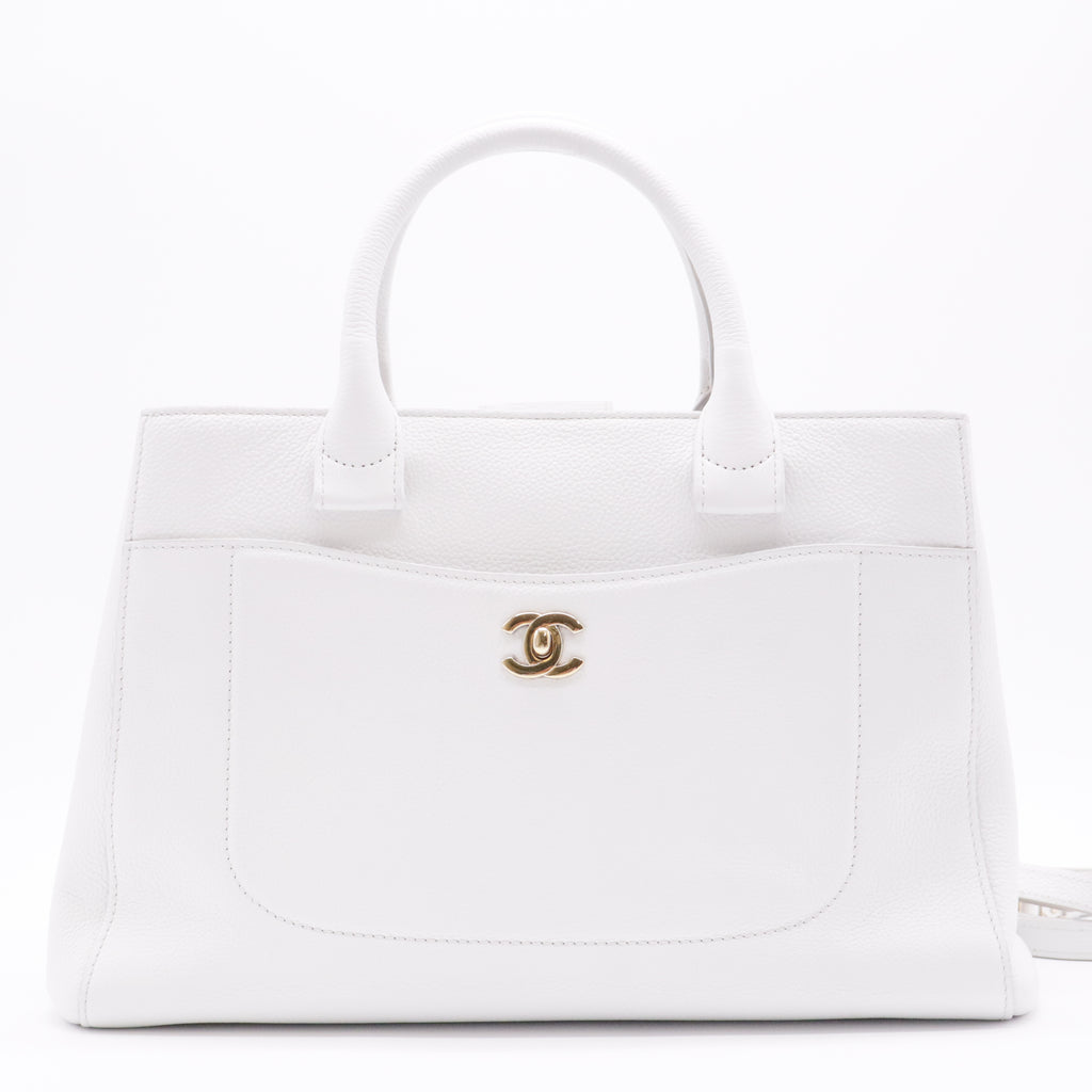Grained Calfskin Small Neo Executive Shopper Tote White