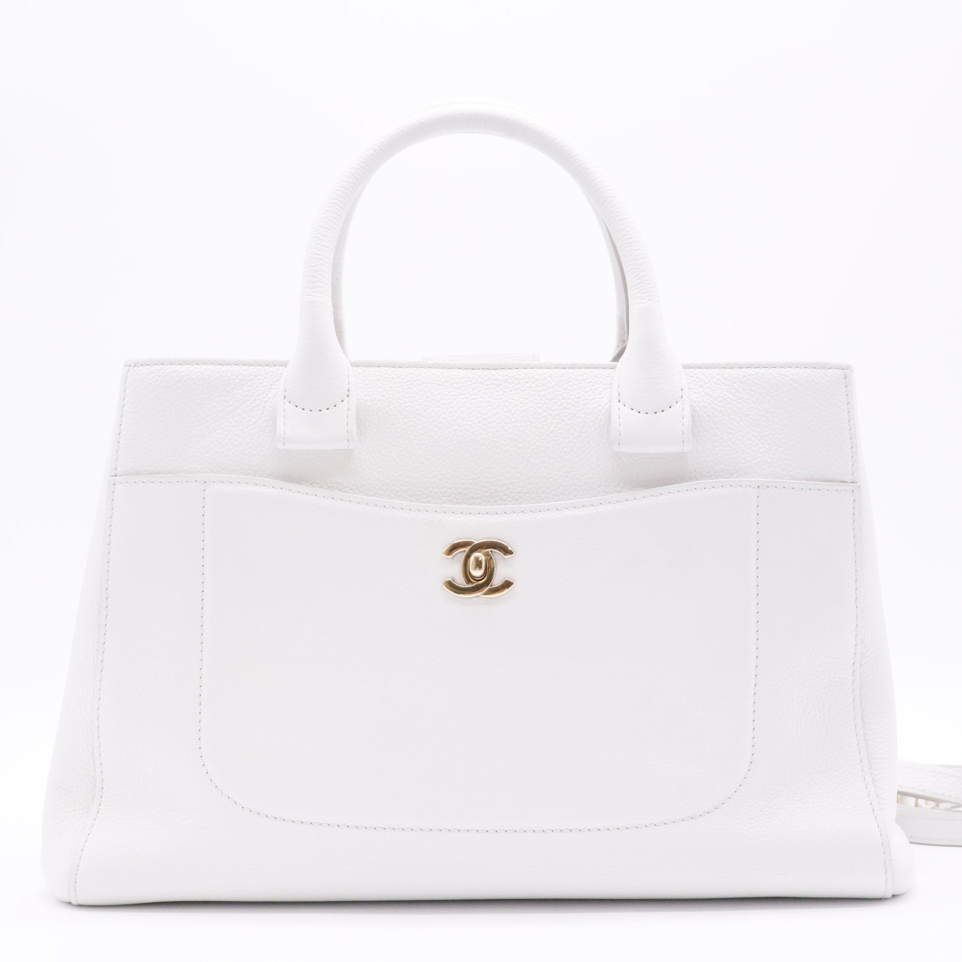Grained Calfskin Small Neo Executive Shopper Tote White