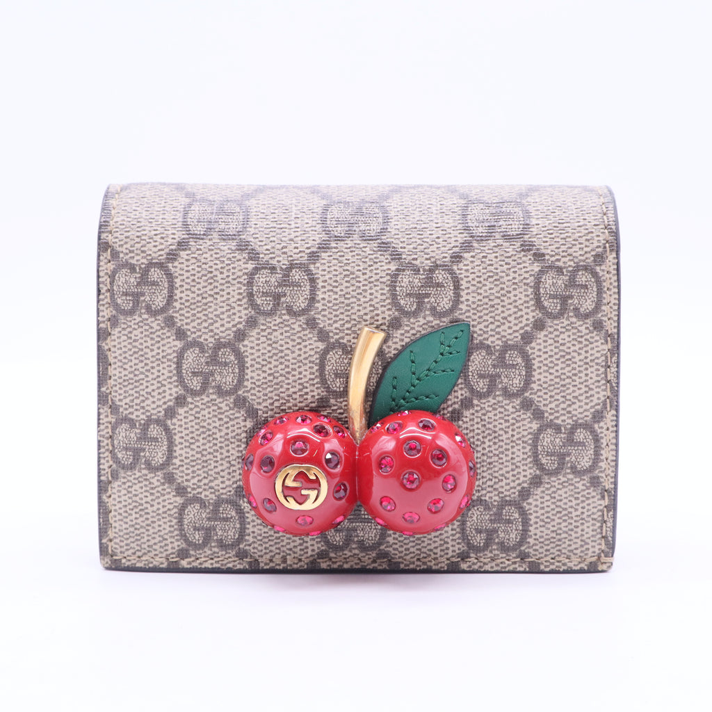 GG Supreme Monogram Cherry Embellished Card Case Wallet Hibiscus Red W11301