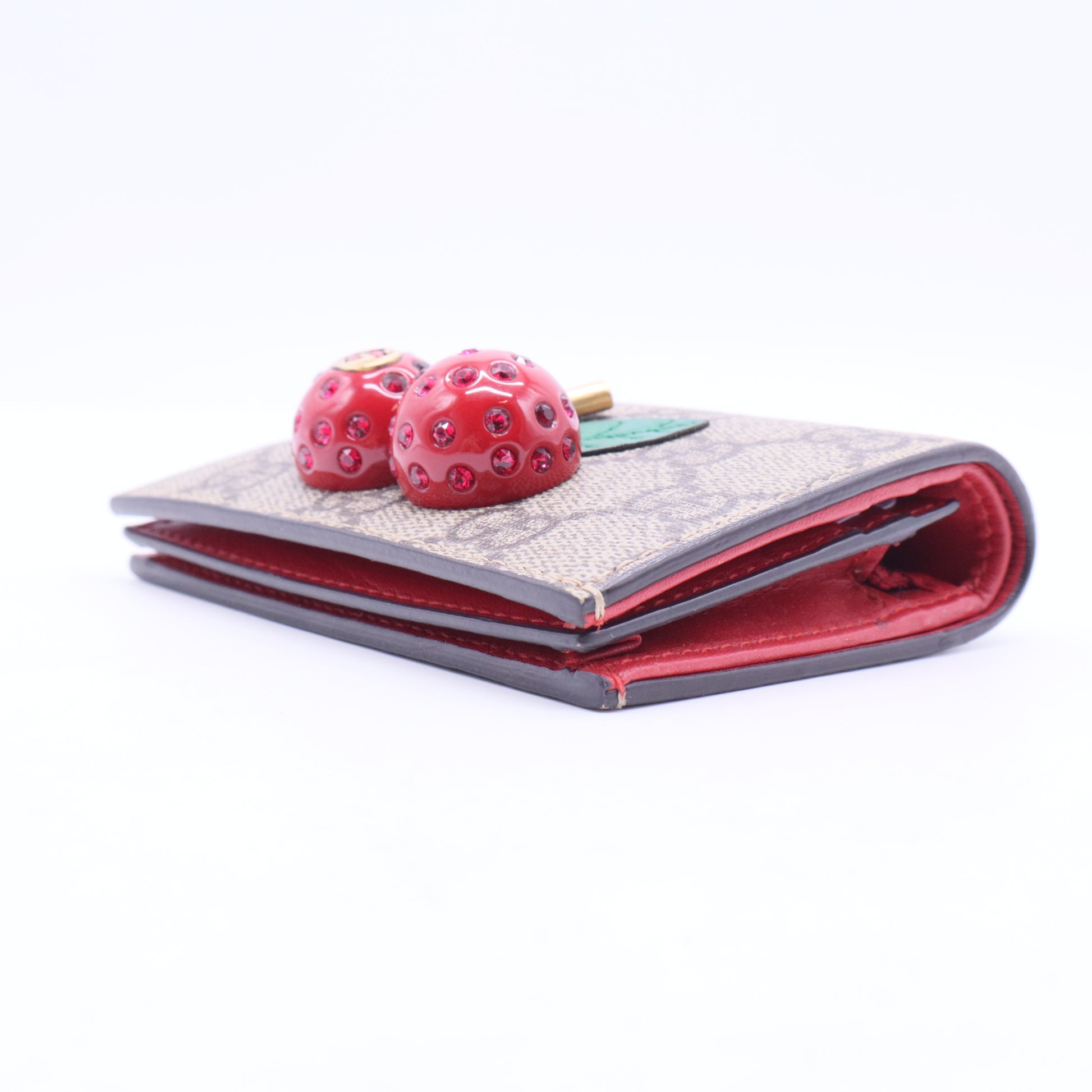GG Supreme Monogram Cherry Embellished Card Case Wallet Hibiscus Red W11301