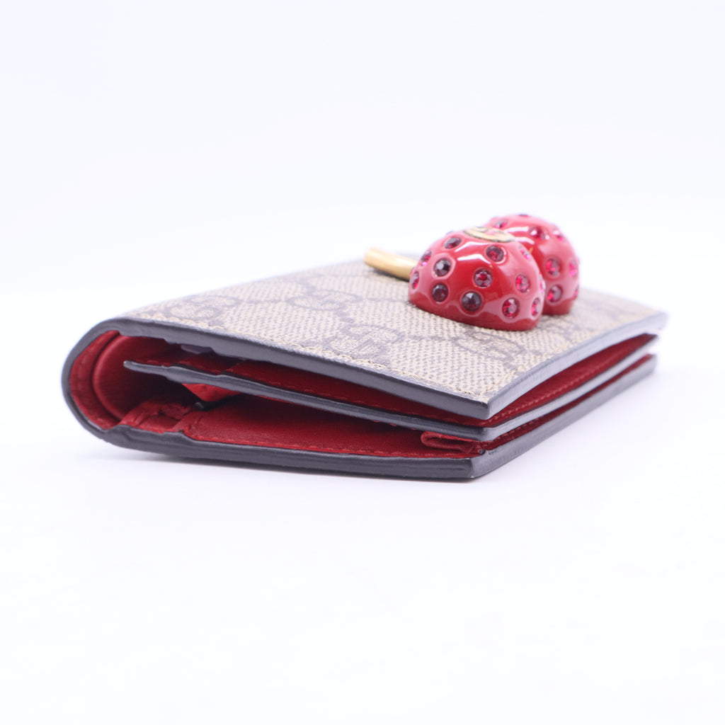 GG Supreme Monogram Cherry Embellished Card Case Wallet Hibiscus Red W11301