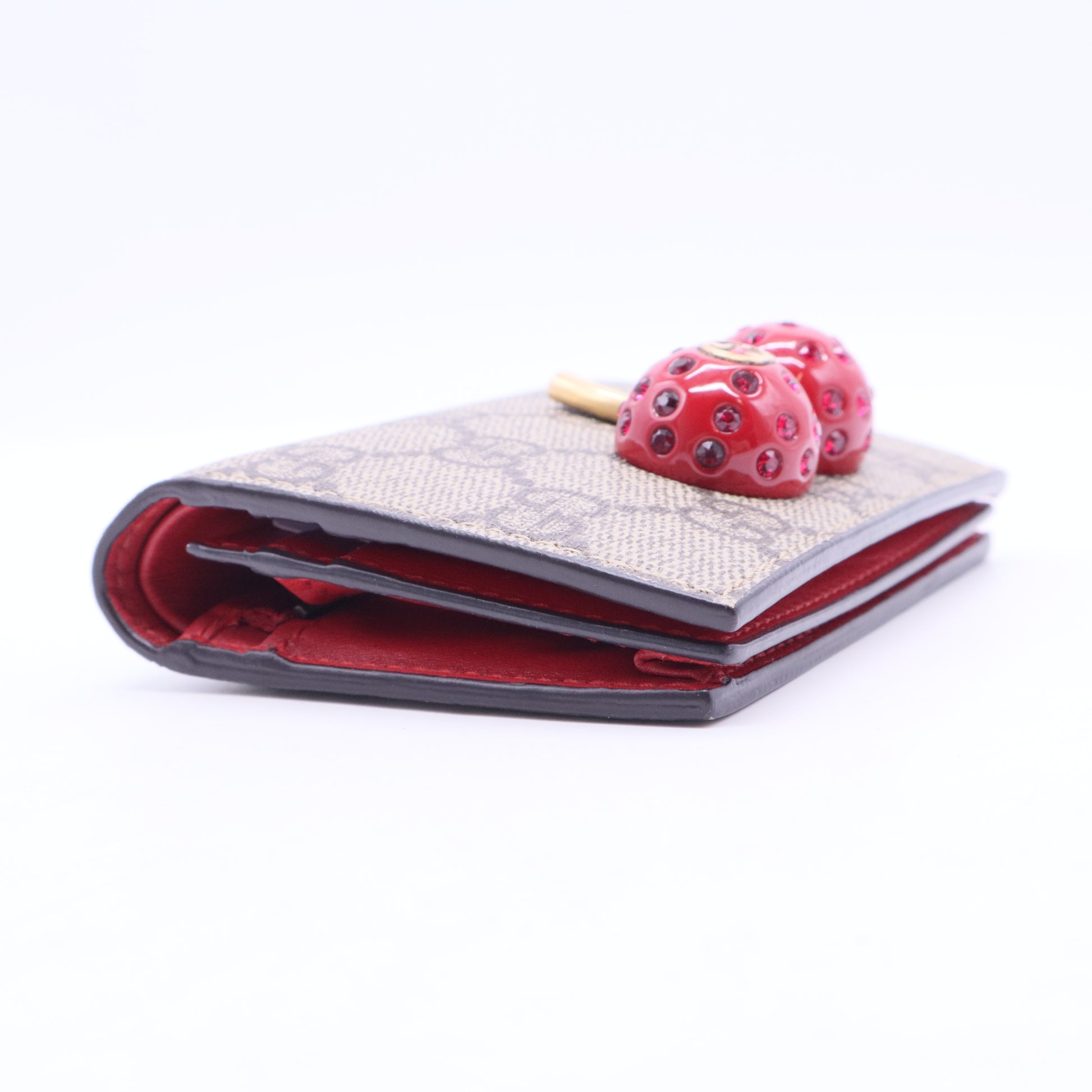 GG Supreme Monogram Cherry Embellished Card Case Wallet Hibiscus Red W11301
