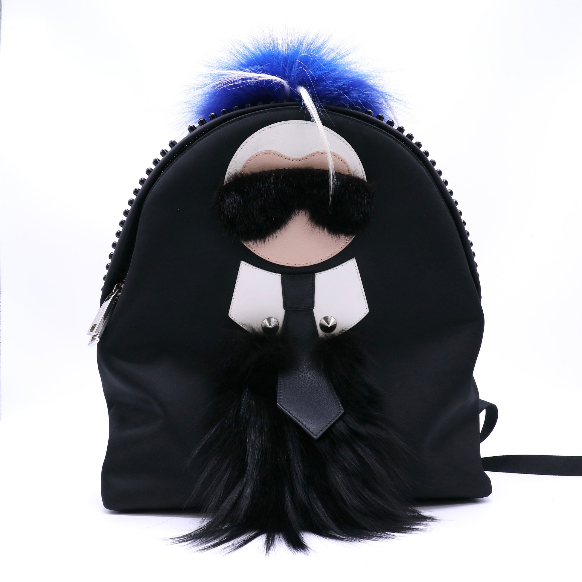 Fendi Nylon Vitello Century Mink Fox Goat Fur Studded Karlito Backpack Black Multicolor twins LDJ4522