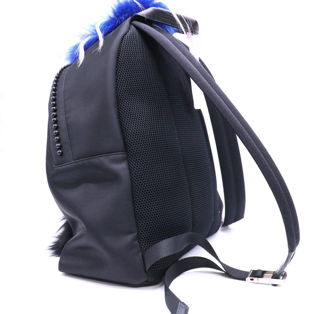 Fendi Nylon Vitello Century Mink Fox Goat Fur Studded Karlito Backpack Black Multicolor twins LDJ4522