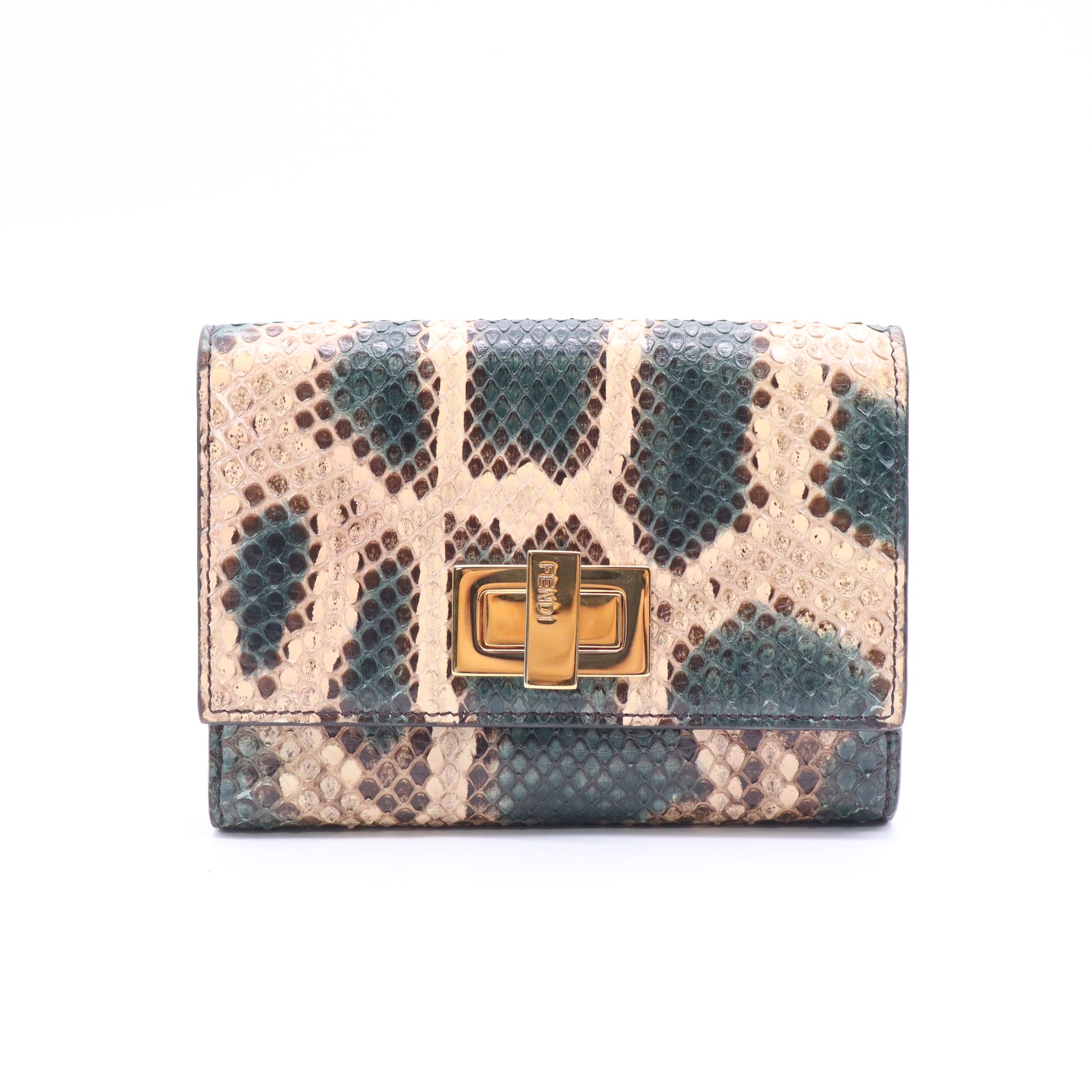 Fendi Elaphe Vitello Grace Python Print Micro Trifold Wallet Green Tea Twins W20919