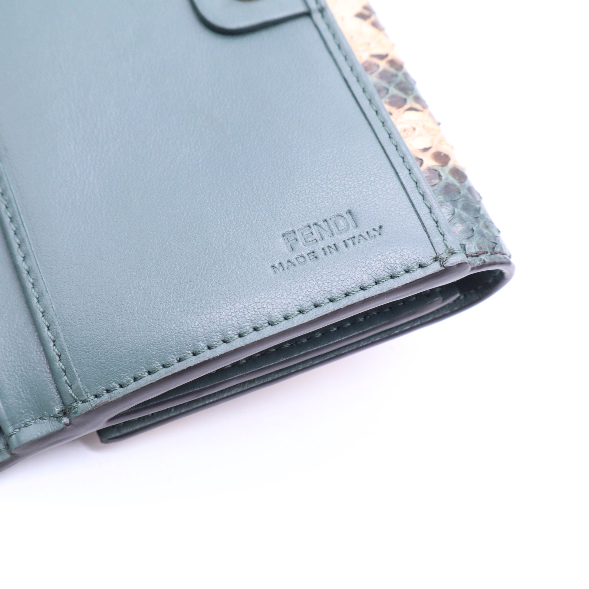 Fendi Elaphe Vitello Grace Python Print Micro Trifold Wallet Green Tea Twins W20919