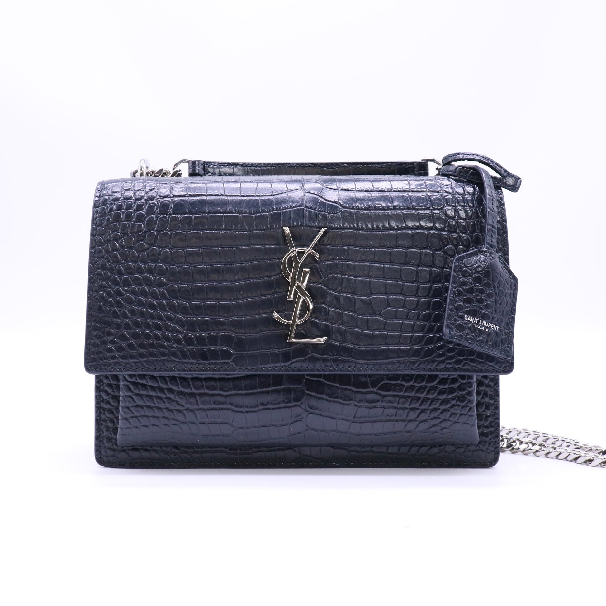 Saint Laurent Calfskin Crocodile Embossed Medium Monochrome Monogram Sunset Black Twins LDJ4592