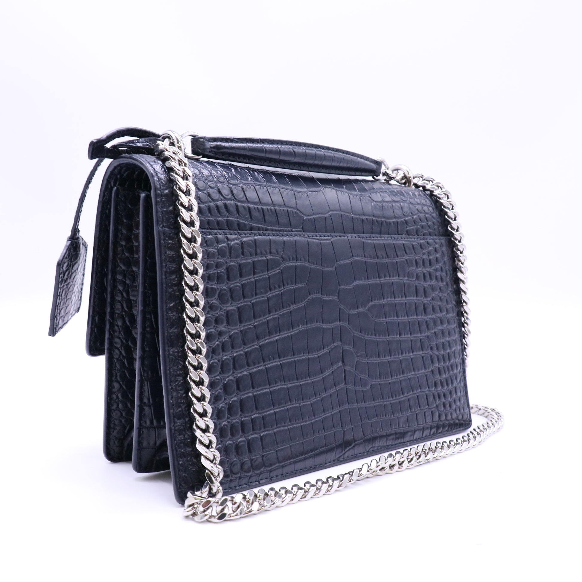 Saint Laurent Calfskin Crocodile Embossed Medium Monochrome Monogram Sunset Black Twins LDJ4592