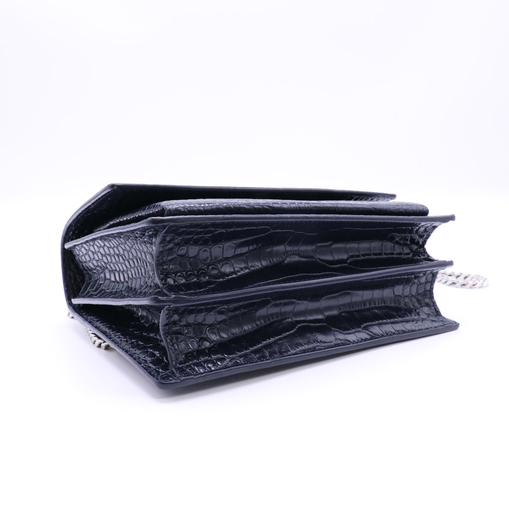 Saint Laurent Calfskin Crocodile Embossed Medium Monochrome Monogram Sunset Black Twins LDJ4592