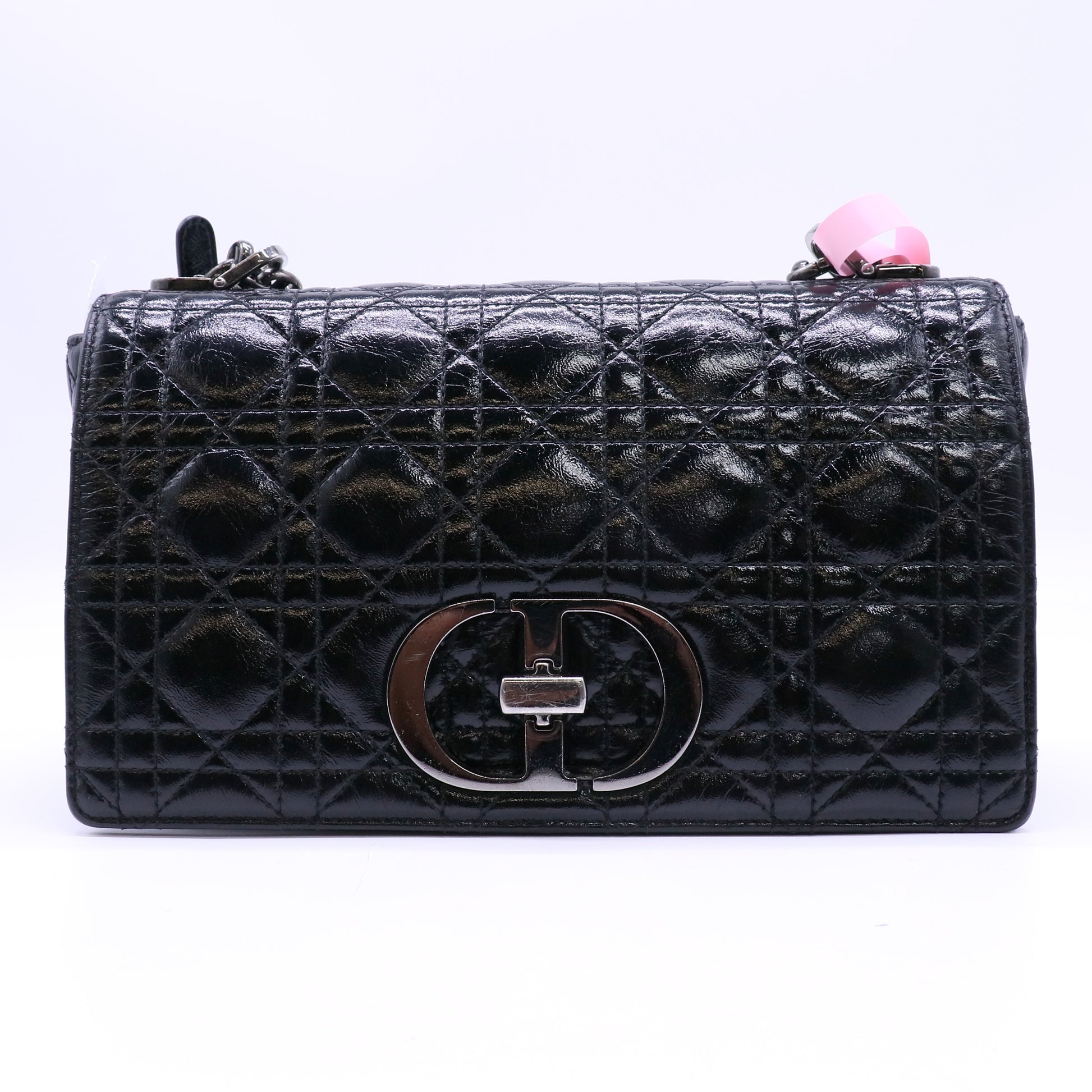 Christian Dior Crinkled Patent Lambskin Cannage Medium Caro Bag  Black twins LDJ4580