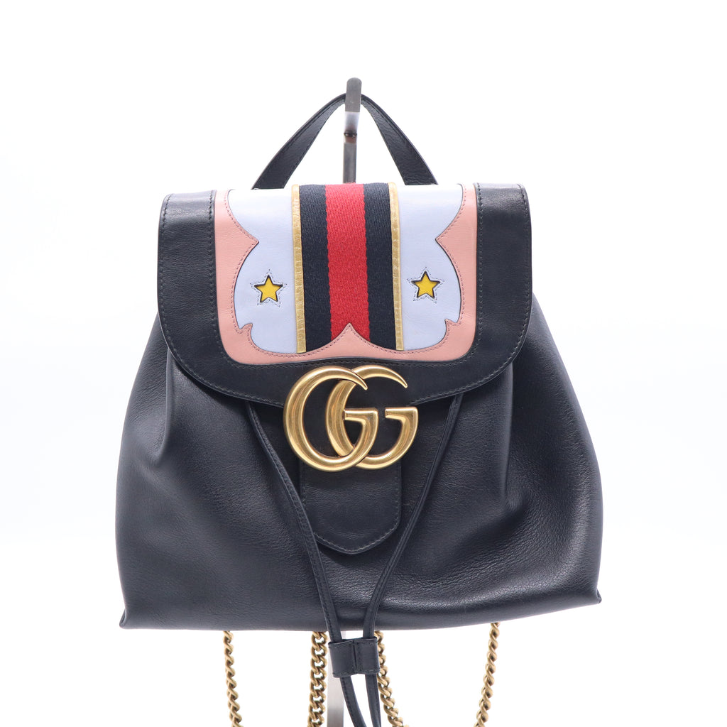Gucci Calfskin Web GG Marmont Flap Chain Backpack Black twins B20795