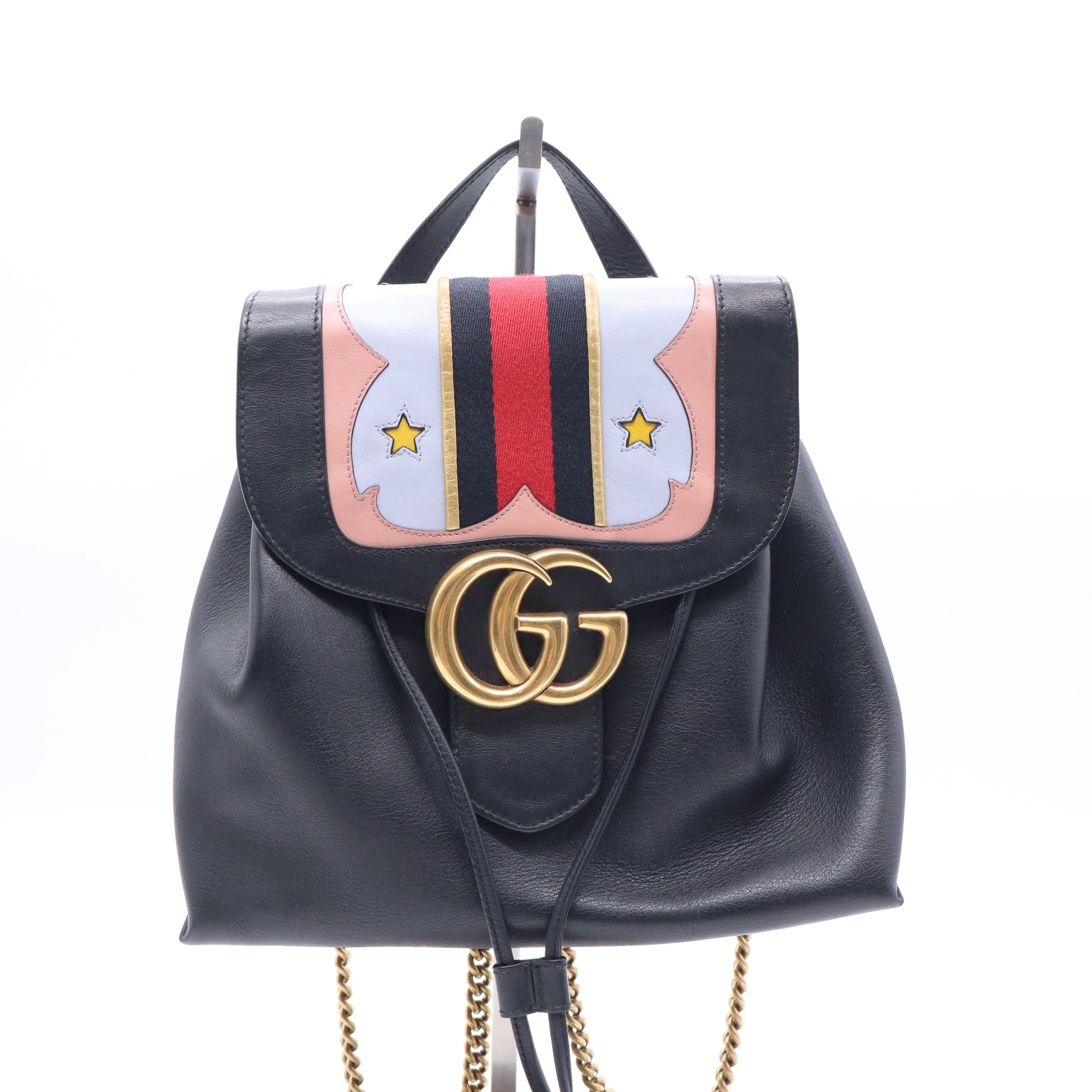 Gucci Calfskin Web GG Marmont Flap Chain Backpack Black twins B20795